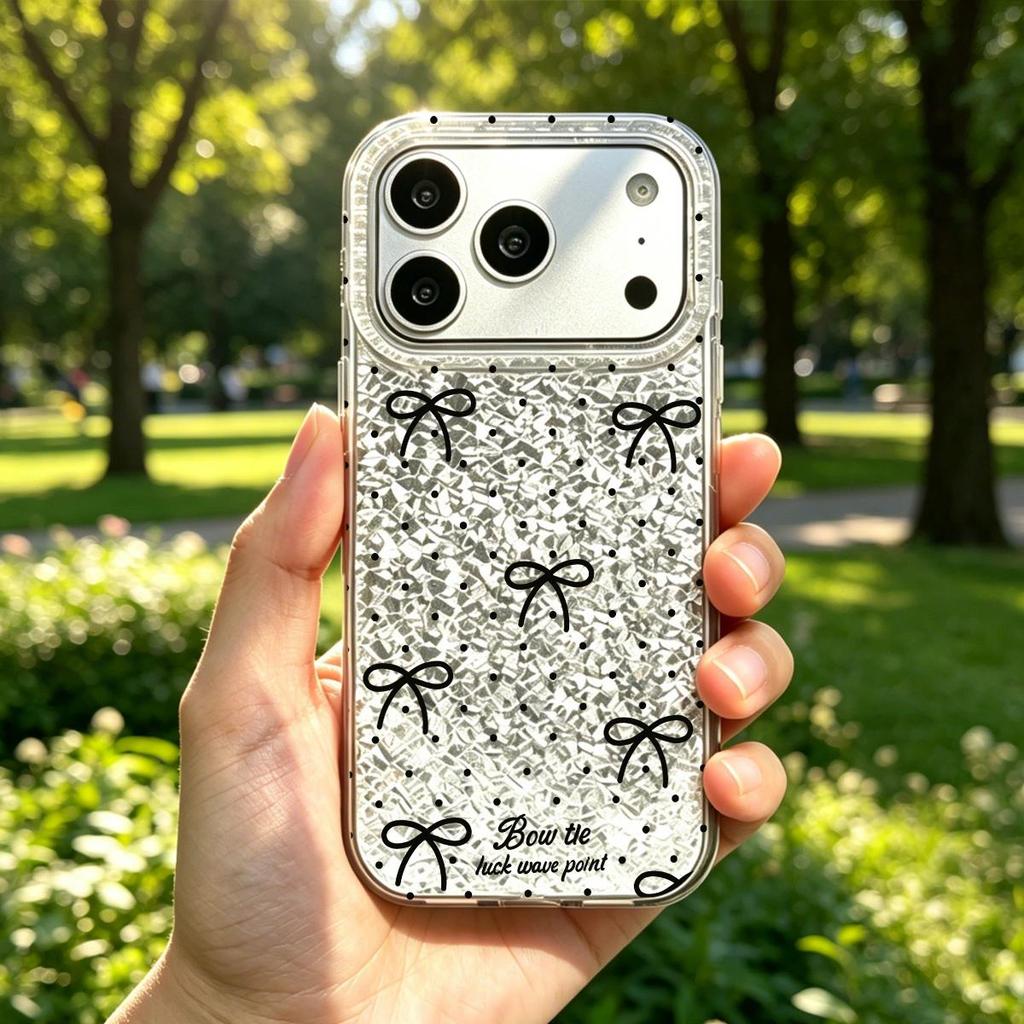 Black - White Dots and Bows Case for iphone 12 18 Pro Max 17 Pro Air 11 15 XR XS Max 16 Plus 14 13 Silver Crushed Foil Cover