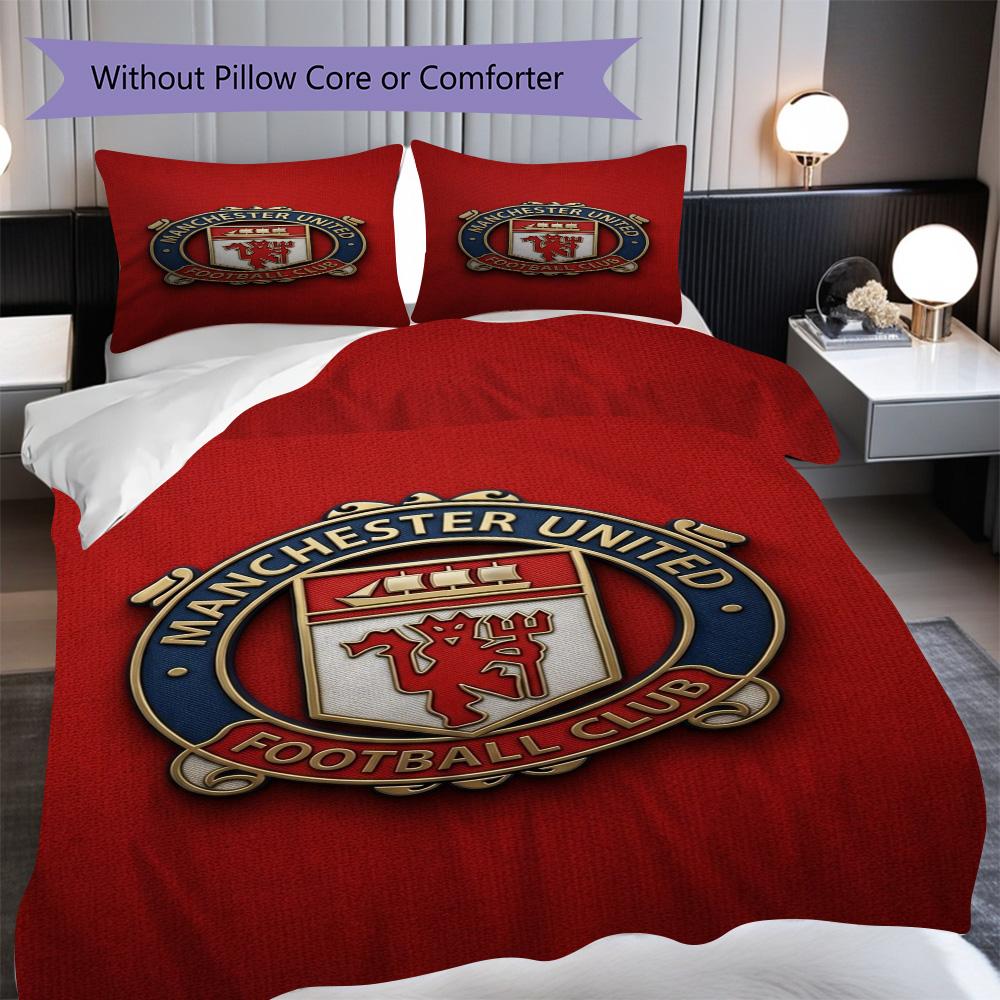 Manchester Emblem Three-piece set (1 * duvet cover + 2 * pillowcase, without core) 2D Flat Duvet cover and pillowcase Bedding set Soft and comfortable