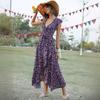 Women's Fashion Summer Spring Flower Pattern Print Short Sleeve V-Neck High Waist Casual Dresses