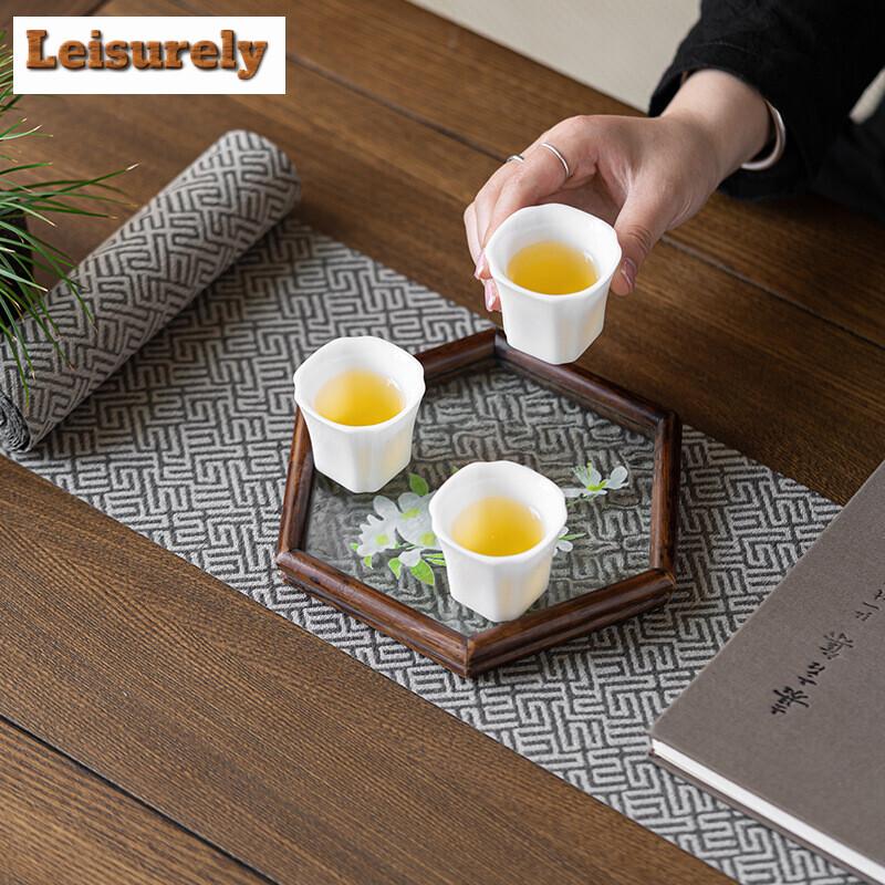 Подставка под чашку из текстурированного стекла Zen Water, шестиугольный поднос для чая из орехового дерева, японский держатель для маленького чайника, аксессуары для домашнего чайного столика