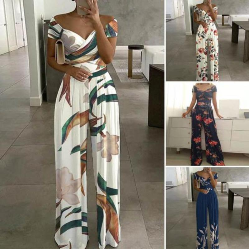 Summer Fashion Printed Wide Leg Jumpsuit Women Sexy Slash Neck Off-shoulder High Waist Jumpsuit Womem Csaual Suit