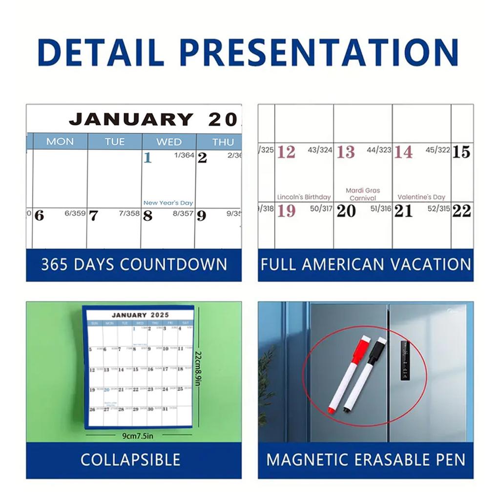2025 Стираемый настенный календарь Водонепроницаемый и устойчивый к разрывам календарь для ежедневного планирования и организации Использование дома и в офисе