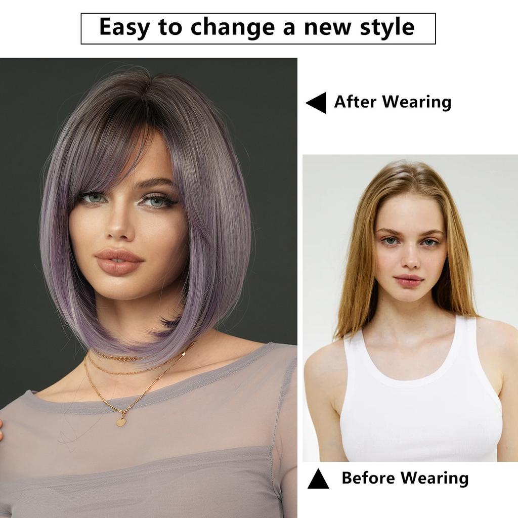 2025 New Gradient Gray Purple Short Straight Wig for Women - Side Bangs Bob Wig Synthetic Machine Made Full Cap, 4 Colors Available