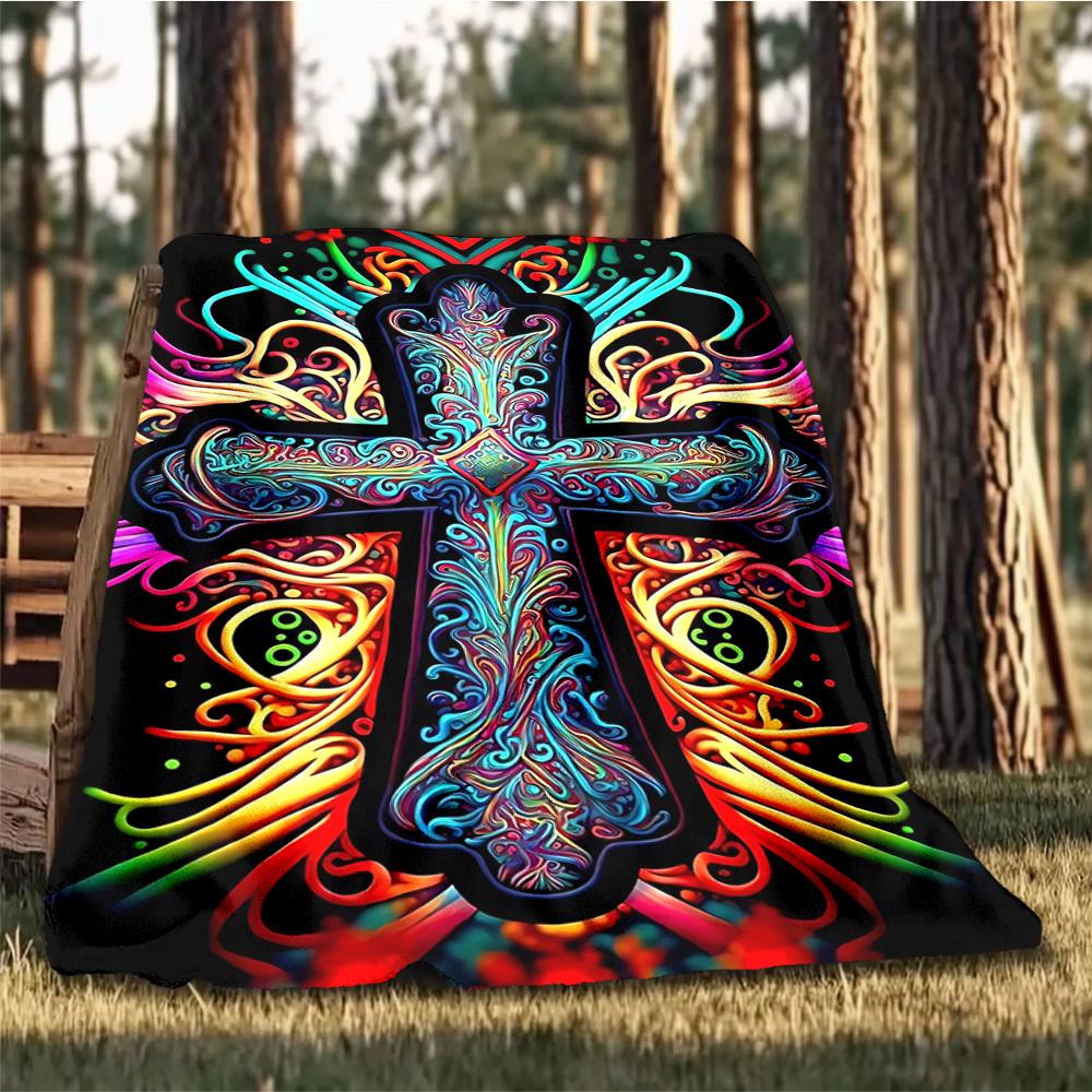 1pc Psychedelic Cross Throw Blanket Polyester Fiber, Lightweight Flannel, Soft & Warm, All Season Use for Outdoor, Camping Digital Print