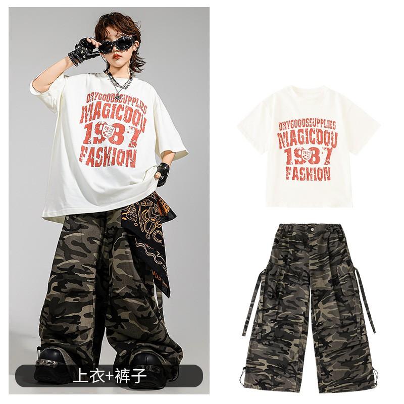 Kids Hip Hop Dance Outfit Set With Camo Cargo Pants Retro Print Tee Boys Girls Street Performance
