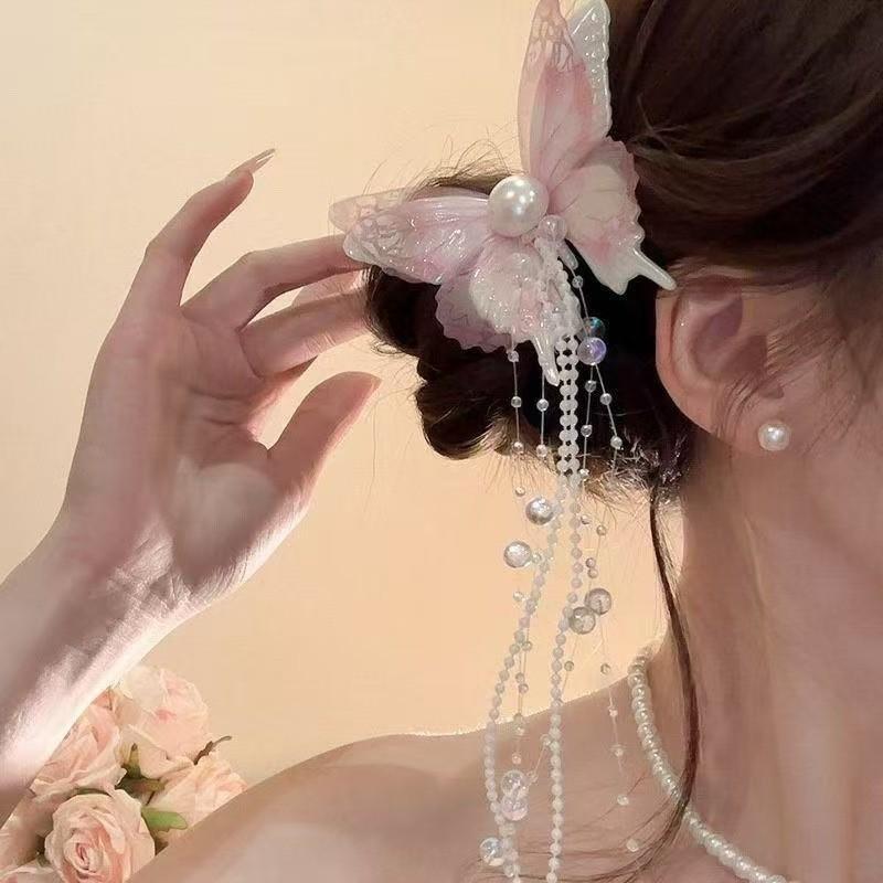 Fairy Butterfly Tassel Claw Clip – Transparent White Mori Style Hair Accessory