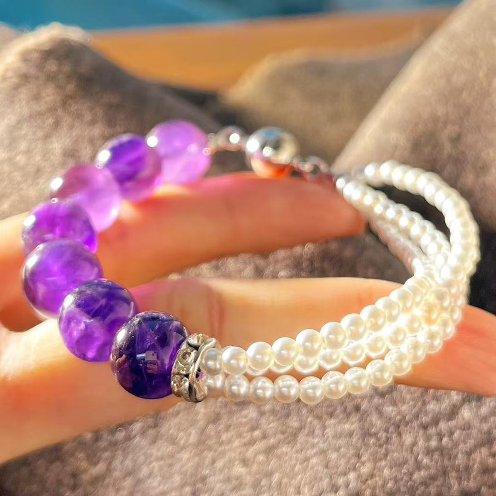 Vintage Design Natural Amethyst Artificial Crystal Pearl Design Lazy Bracelet Bracelet