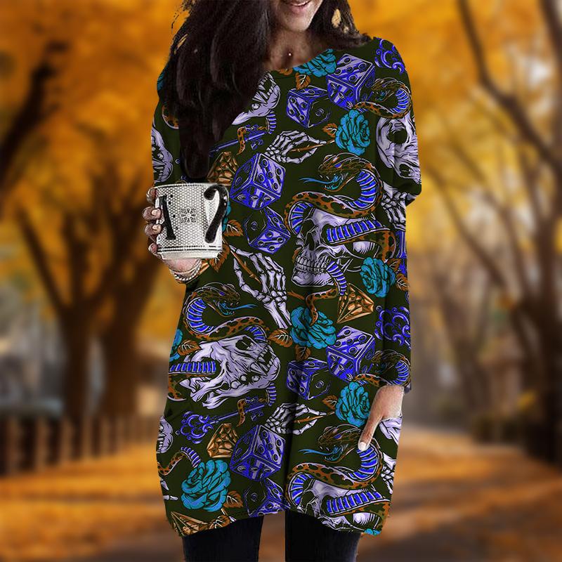 Новинка осени Скелет змеиный принт плюс размер платье женщины O'neck длинные рукава повседневные карманные платья