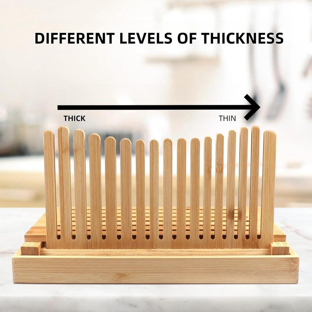 Bread Slicer for Homemade Bread - Bamboo Bread Cutter, Foldable Slicing Guide, Crumb Tray - Compact Bread Loaf Slicer for Cakes, Bagels, Loaves