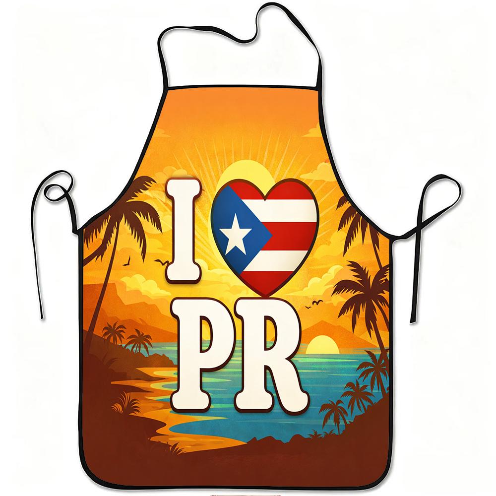 1pc I Love Puerto Rico Sunset Beach Print Apron, Durable and Easy to Clean, Adjustable Waistband, Polyester Material, for Kitchen Cooking, Gardening,