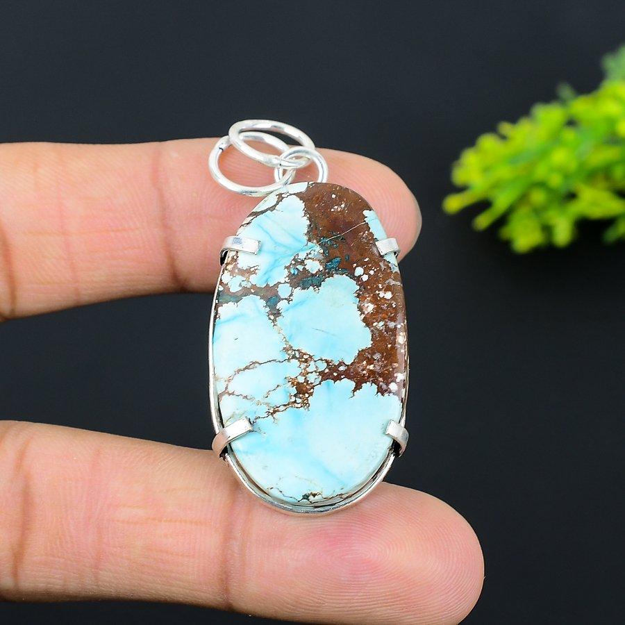 Natural Tibetan Turquoise Gemstone 925 Sterling Silver Pendant 2.17" G4y60