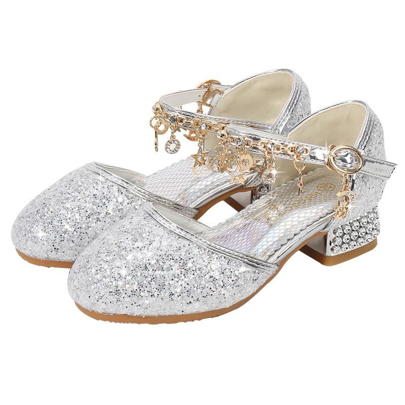 Summer new fashion girls' leather shoes, princess shoes, children's crystal shoes, soft-soled high-heeled shoes for little girls' runway performances