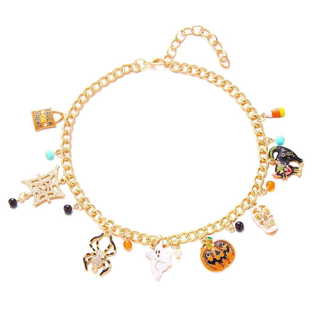 Pumpkin Skeleton Spider Charm Necklace And Bracelet In Alloy For Holiday Wear