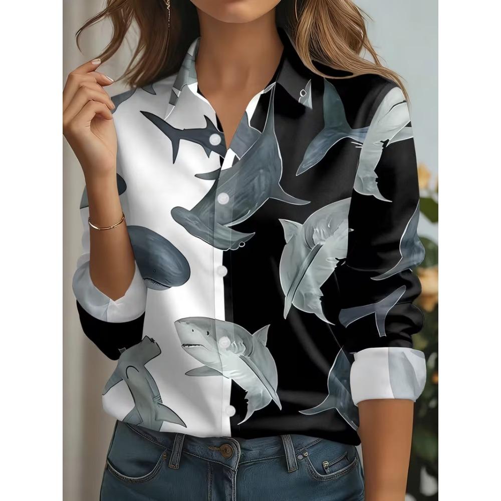 New Spring Autumn Women Blouses Fashion Geometry Striped Pattern Printing Shirt Elegant