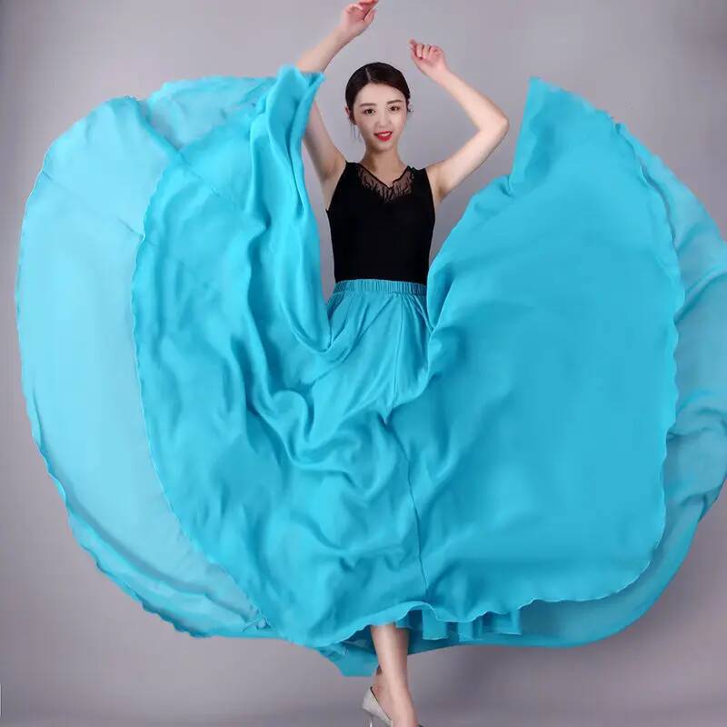 Dance Skirt Women Double Have Liner Chiffon Skirts Elastic Waist Ruffled Maxi Skirts Elegant Female Big-hem Skirts 720 Degrees