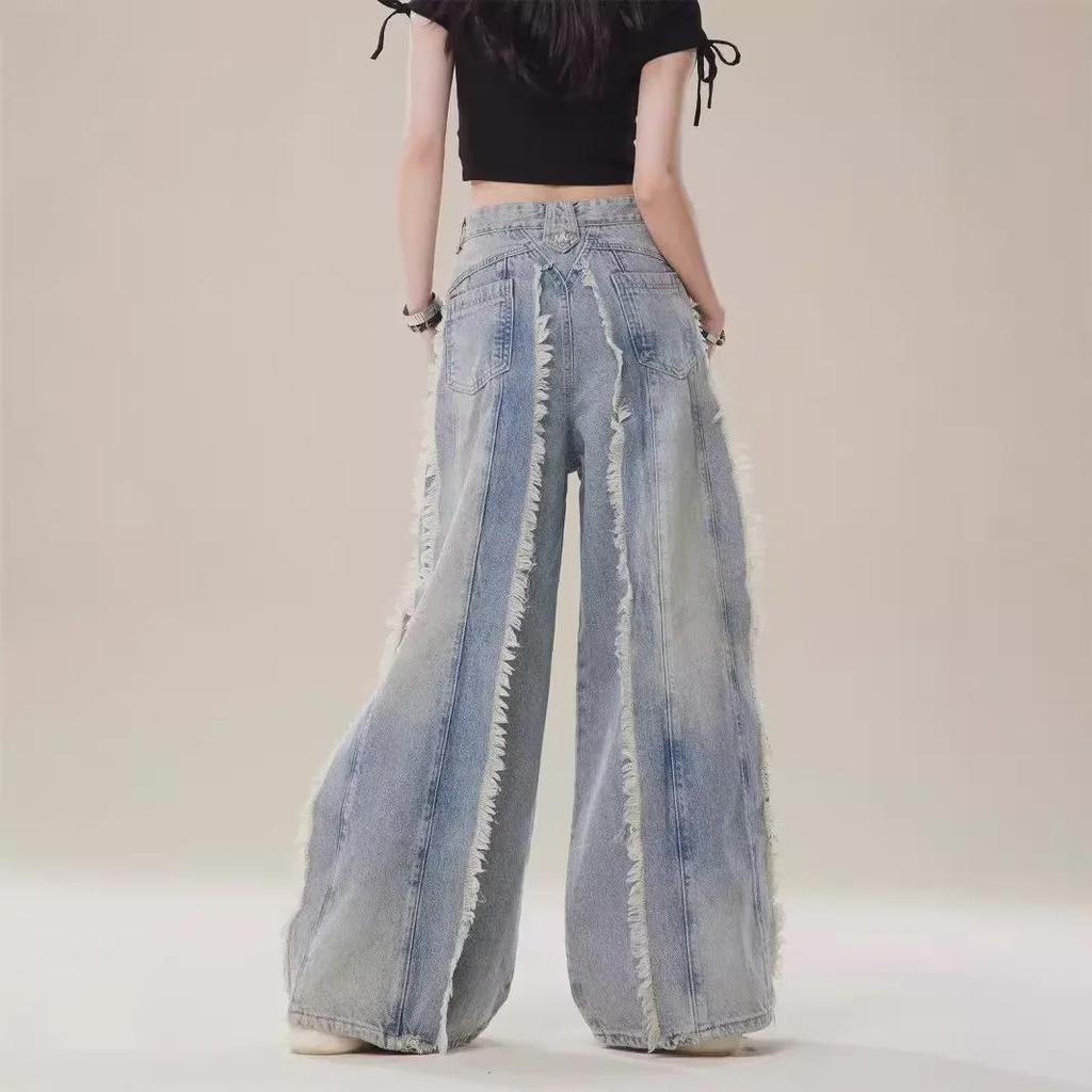 2024 Summer Retro High-Waist Loose Wide-Leg Fringe Jeans for Women