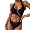Women's Sexy Solid Color Halter Neck Wrap Chest Hollow Split Swimsuit Bikini Set