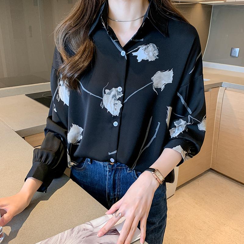 Spring Women's Shirt Long Sleeved Rose Printed Western-style Oversized Chiffon Shirt Long Sleeved Top