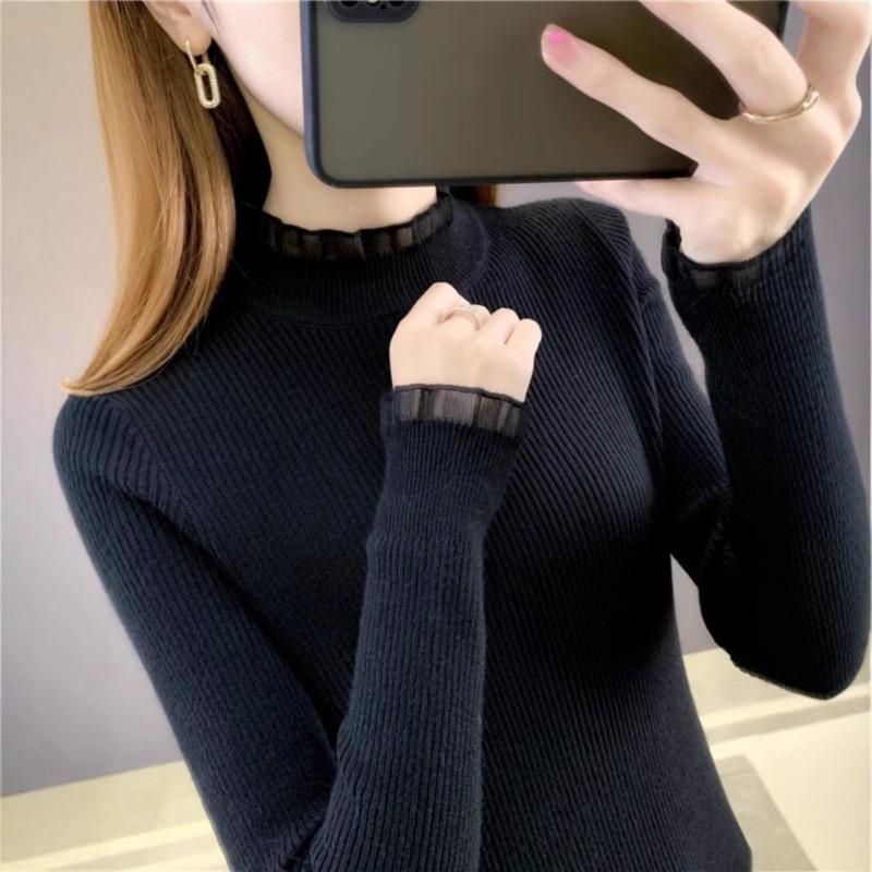 Semi-turtleneck Knitted Sweater Women's Spring and Autumn New Versatile Lace Splicing Sweater Backing Inner Top