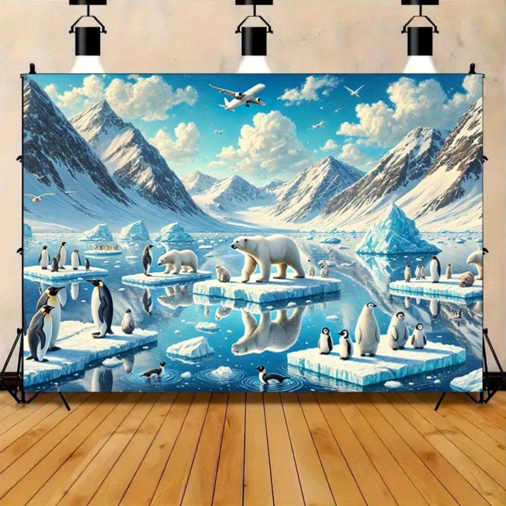 2D plane, polar bears and penguins in the snowy and icy landscape, snow mountains and icebergs, polyester fibers