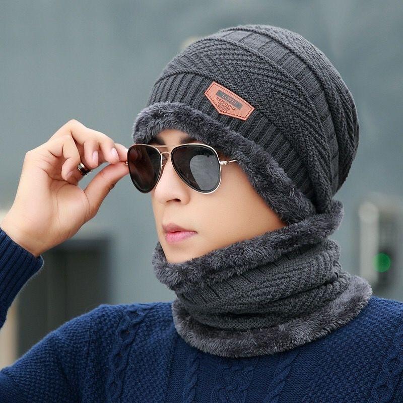 Hat Men's Autumn and Winter Wool Knitted Pullover Hat Fleece Thickened Hat Scarf Two-piece Knitted Hat