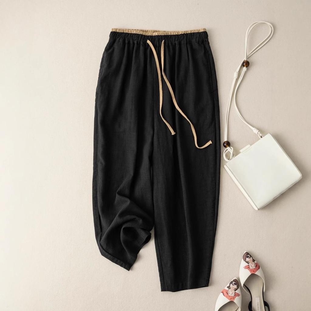 Summer Retro Loose Harem Pants Elastic Drawstring Waist Casual Pants Basic Versatility Wide Leg Ankle Length Pant