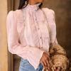 2023 плиссированная блузка с простыми оборками и кружевной рубашкой, расклешенная блузка с длинным рукавом и воротником-стойкой, женская мода, элегантные топы 30049