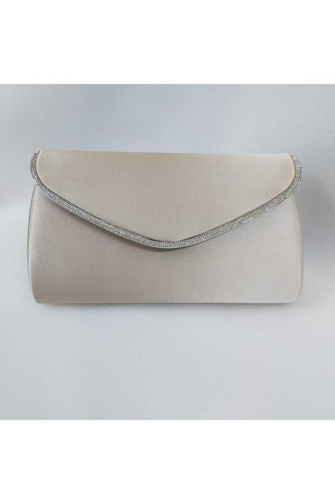 Women's Stylish and Useful Evening Dress Bag Shiny Beige Satin Silver Stone Evening Bag