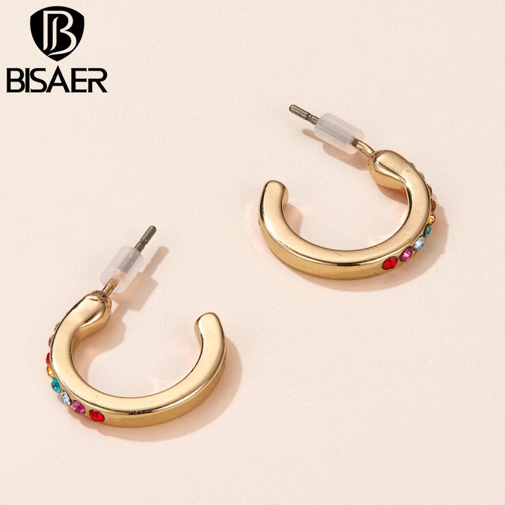 Bisaer Bright Colorful Rhinestones Circular Shape Stud Earrings for Women Fine Jewelry
