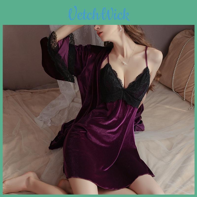 Velvet Sleepwear Set With Deep V Bust And Elastic Fit For Cozy Home Use