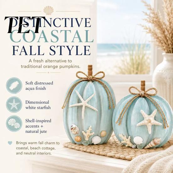 Seasonal Entryway Table Decor 2Pcs 2D Flat Coastal Pumpkin Ornaments, Wooden Ocean Theme Tabletop Unique Fall with Starfish Shells Decoration & Shell