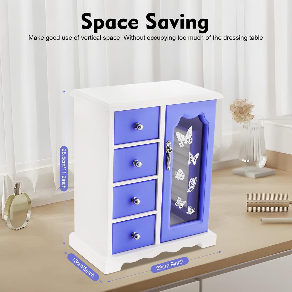 Органайзер для украшений в виде бабочки с вращающимся крючком, 4 выдвижных ящика, стеклянная дверца, настенное зеркало, большой вместимости, шкаф для хранения из МДФ