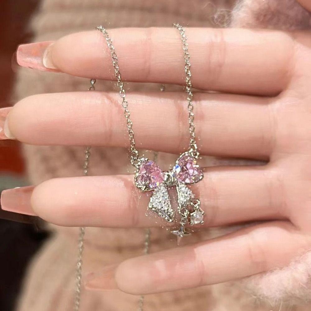Star Shape Rhinestone Pendant Sweet Clavicle Chain Elegant Pink Bow Necklace Jewelry