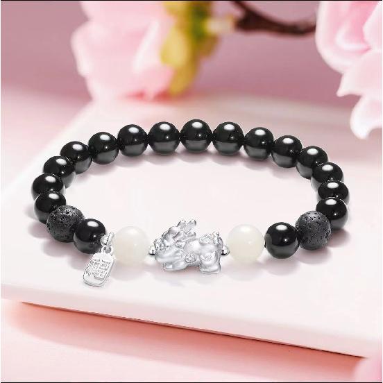 New999Silver Pixiu Bodhi Artistic Bracelet Natural obsidian niche design couple's bracelet
