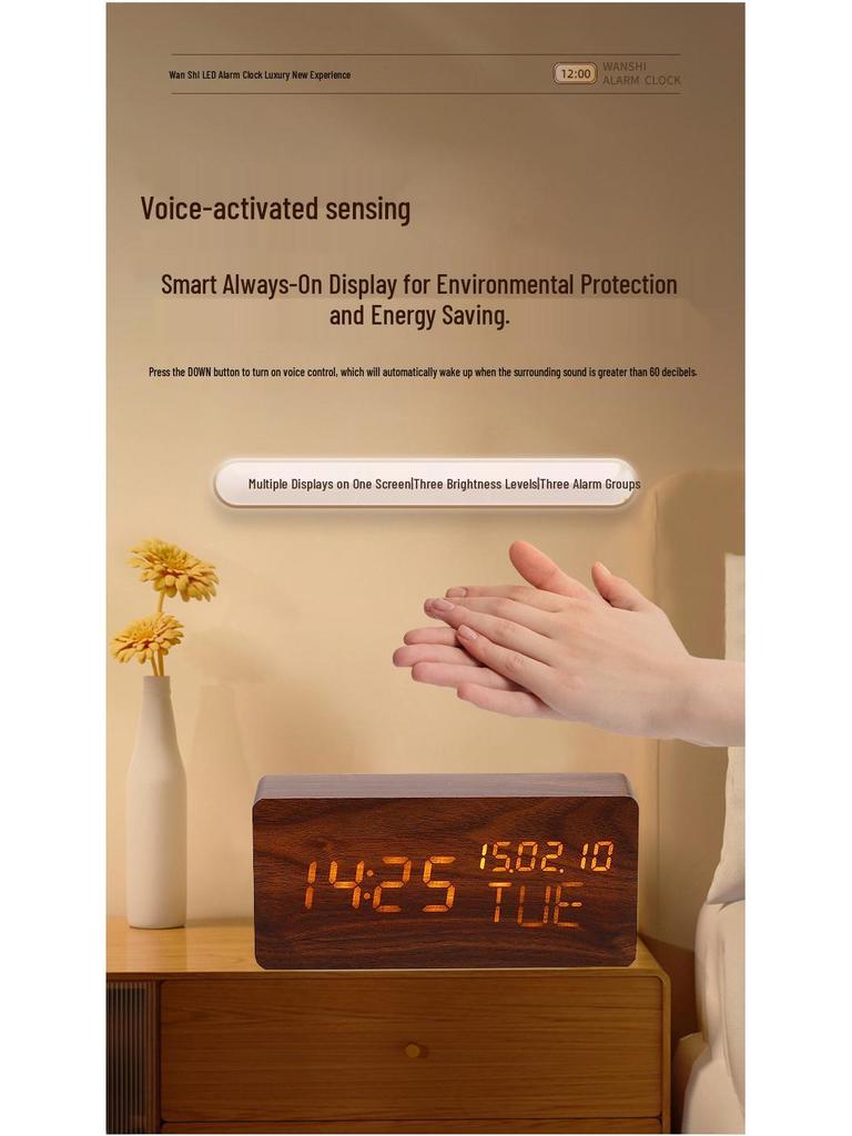 Rectangular Perpetual Wooden LED Clock with Voice Control and Wake-up Function