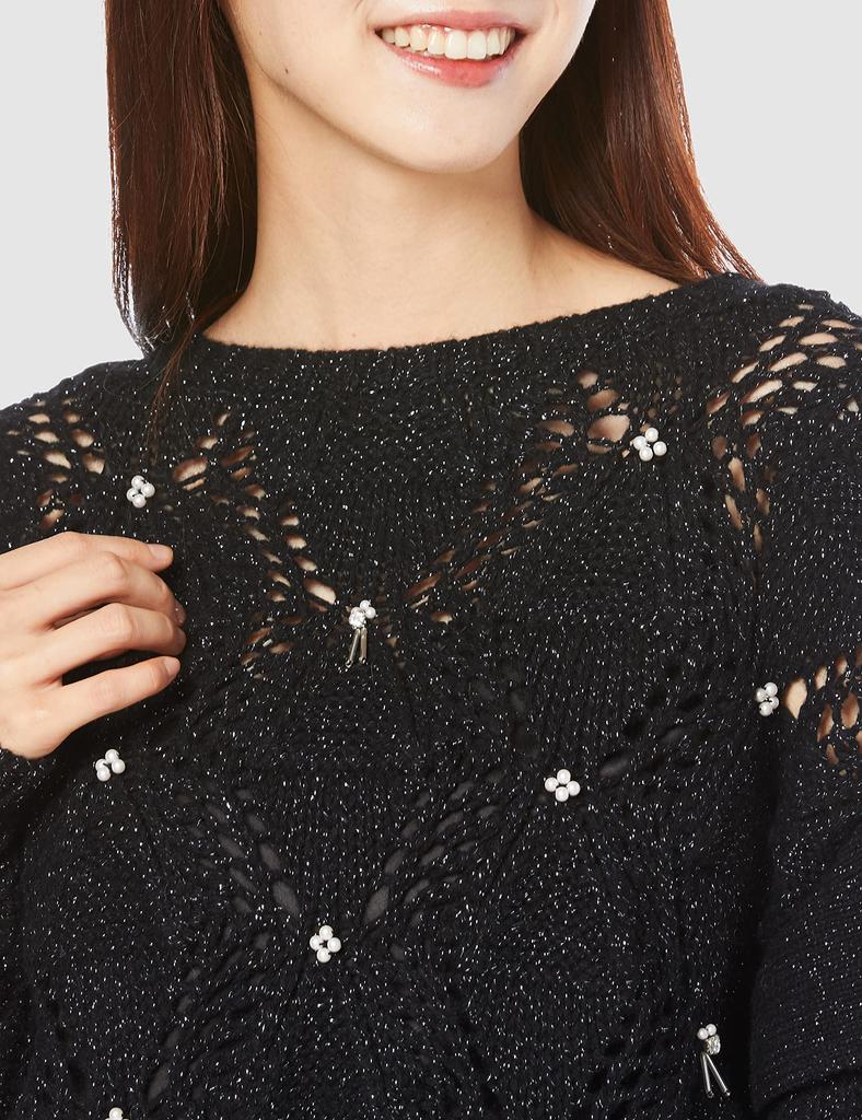 Lily Brown Openwork Pearl Knit Top Women's LWNT214808, Black/F