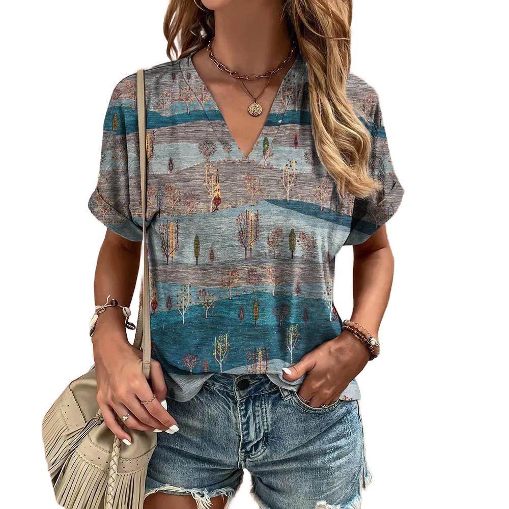 Women New Retro Harajuku Stripe Print V‑Neck Short Sleeve T‑Shirt Streetwear Casual Summer Pullover Top