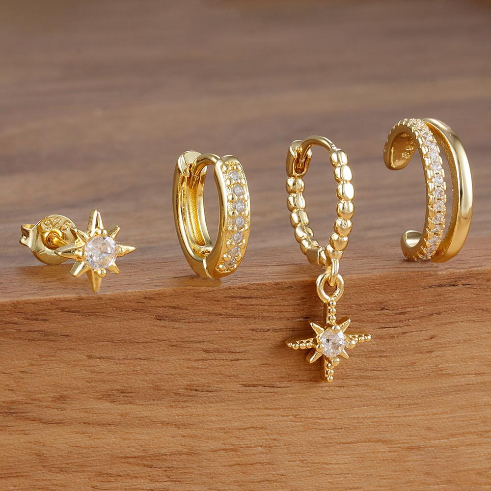 4pcs Fashion Stainless Steel Cubic Zirconia Star Dangle Earring Set For Women Cartilage Piercing Earring Ear Clip Korean Jewelry