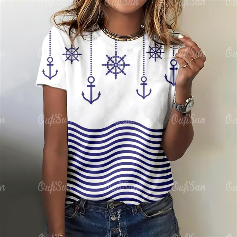 2024 новая стильная футболка для женщин, топ с принтом якоря, летние футболки большого размера для женской одежды, женская мода с круглым вырезом, большие размеры