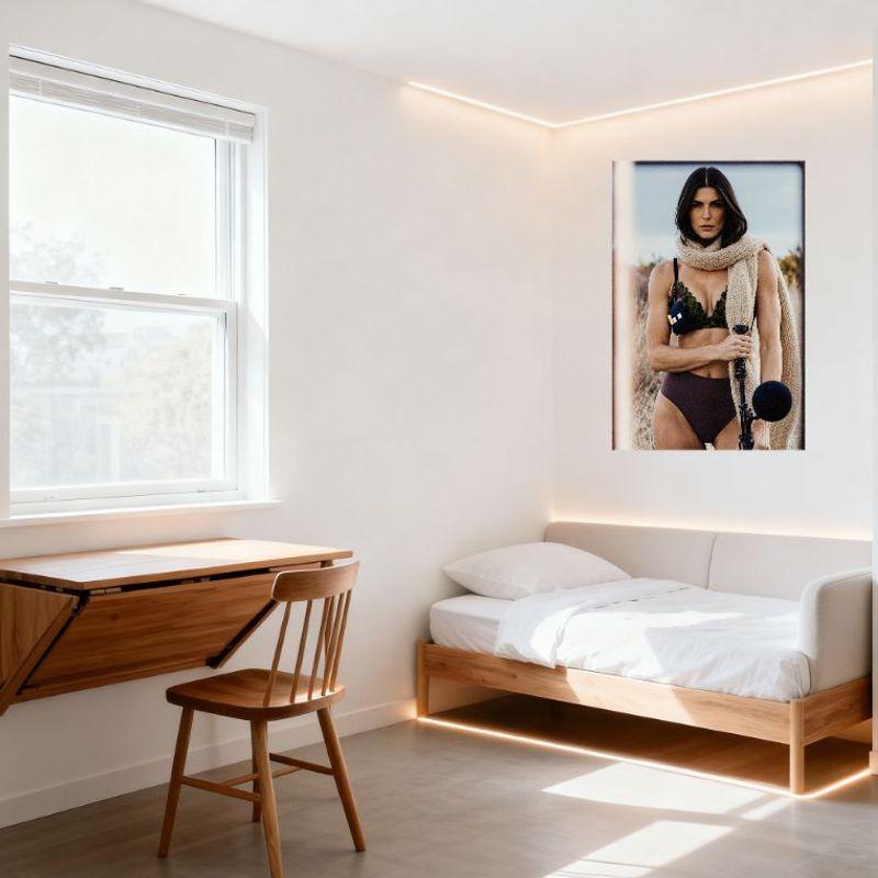 Sexy Woman Outdoor Fashion Editorial Shoot Tin Sign - Camouflage Bralette Dark Brown Underwear Light Beige Scarf Camera Metal Po