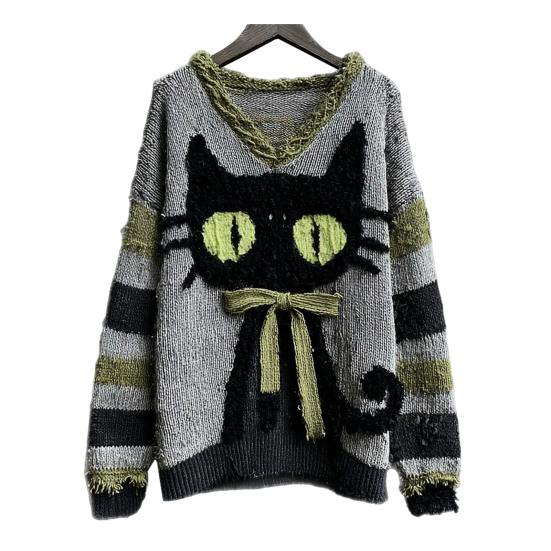 Женский пуловер с V-образным вырезом и графическим принтом, с длинным рукавом, повседневный вязаный свитшот оверсайз, рваный винтажный осенний топ