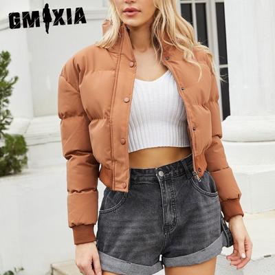 Женская однотонная короткая стеганая куртка с принтом, с высоким воротом, теплая стеганая куртка, осенне-зимние куртки и пальто с длинным рукавом