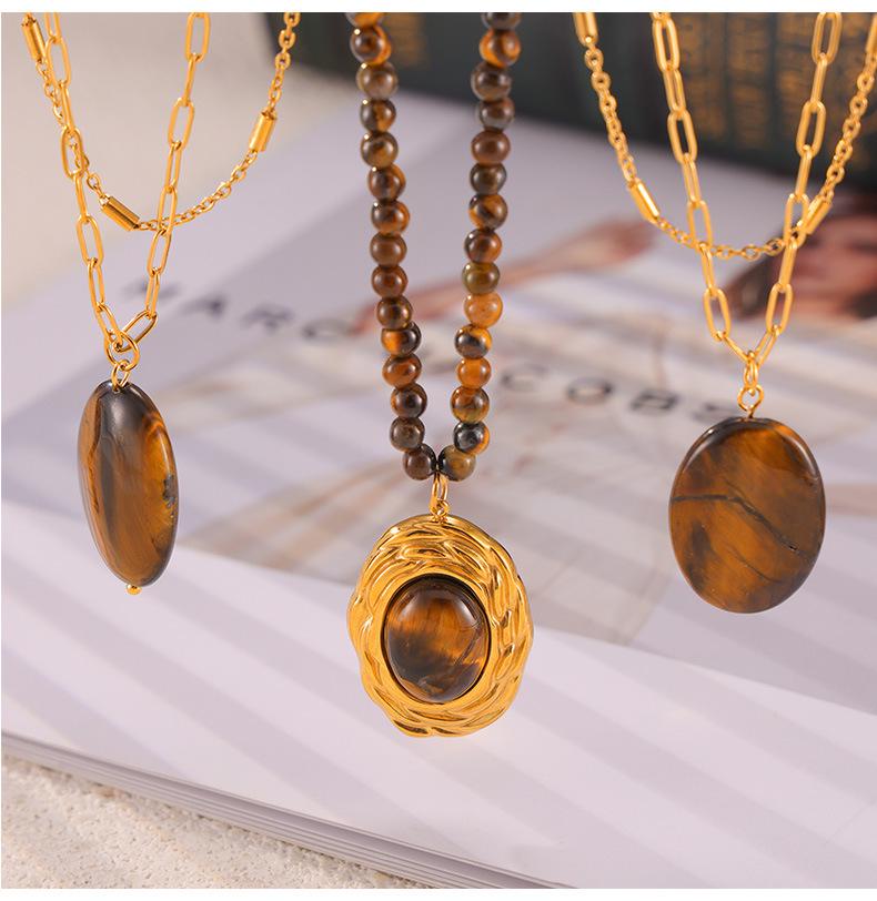 Британское Ретро Минималистичное Роскошное Y2K Овальное Подвесное Ожерелье с Тигровым Глазом