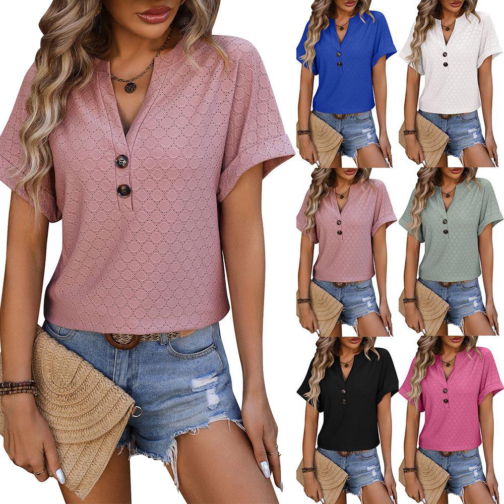 Spring Summer V-neck Button Solid Color Polka Dot Loose Short Sleeved T-shirt for Women Shirt
