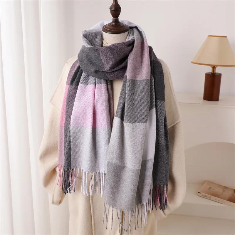 Colorful Checkered Autumn Winter Thicken Warm Scarf For Women Fashion Versatile Commuting Tassel Cashmere Scarves Pashmina