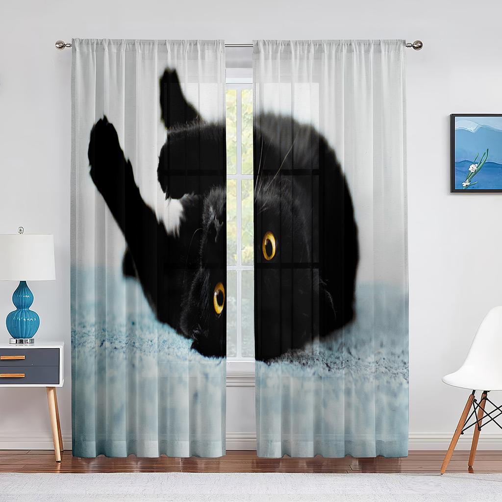 Черная кошка, большие глаза, животные, серые тюлевые шторы для гостиной, украшения спальни, прозрачная шифоновая прозрачная вуаль, оконная занавеска