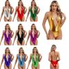 Womens Metallic Halter Swimsuit Deep V Neck Backless High Cut Bodysuit Pool Party Attire