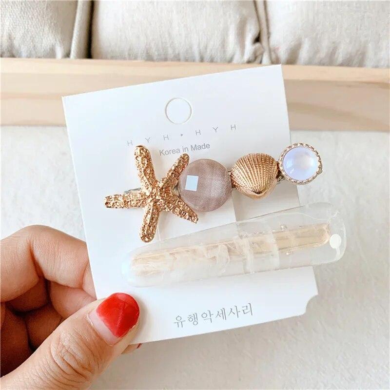 INS Sea Star Acrylic Hair Clips For Women Girls Shell Pearl Metal Barrettes Hairpins Sweet Beach Headwear Hair Accessories