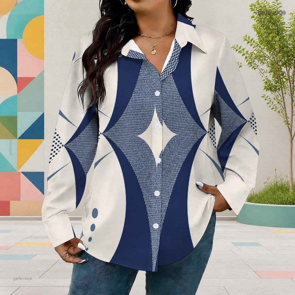Women Plus Size Collared Neck Long Sleeve Geometric Printed White Button Front Curved Hem Shirt