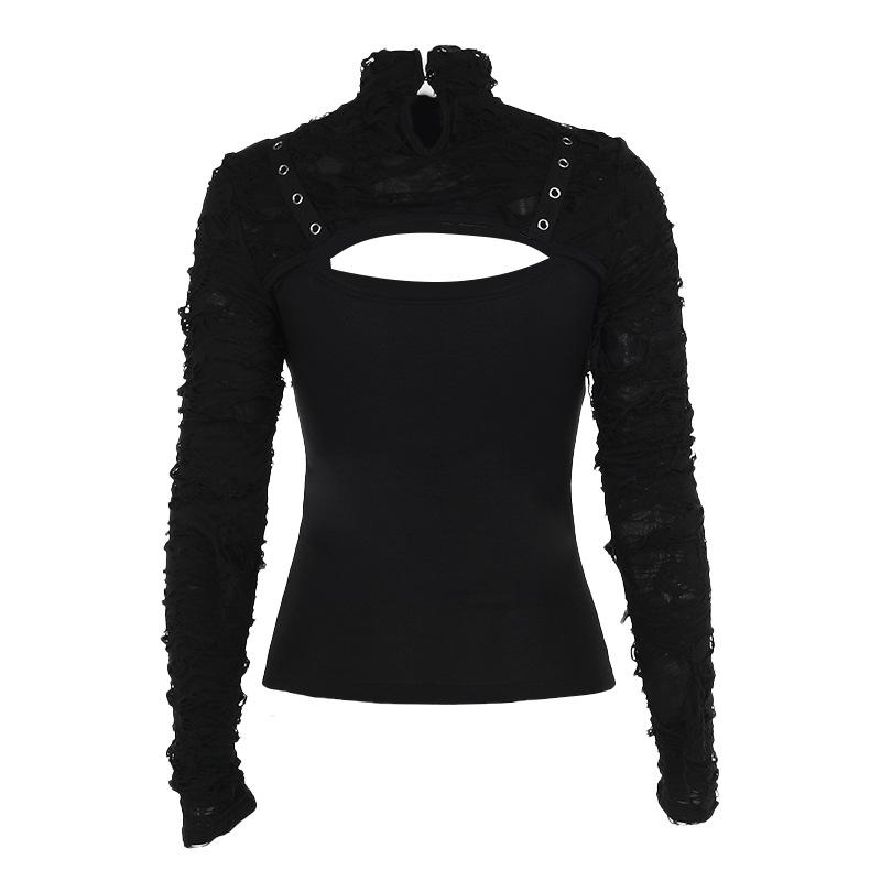 Футболка AltGoth Streetwear Gothic для женщин Y2k E-girl Cyber Punk с дырками на рукавах, лоскутное шитье, ажурная футболка с длинным рукавом, укороченная футболка Femme